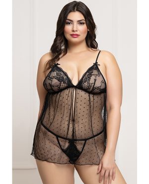 Lace and Dot Mesh Babydoll w/G-String – Black QN by Seven 'til Midnight product image