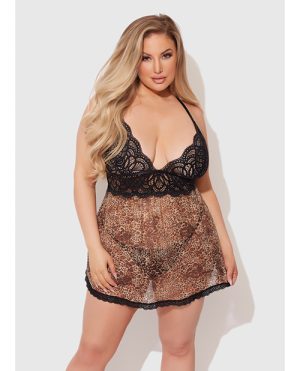 Felicia Mesh and Lace Babydoll w/G-String 2 pc Set - Leopard 3X/4X