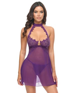 Kennedy Lace and Mesh Babydoll w/G-String 2 pc Set – Purple SM by Oh La La Cheri product image