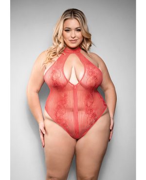 Temptress Calliope Striped Sheer Floral Lace Zippered Teddy – Coral 3X/4X by Temptress by Fantasy product image