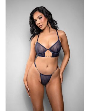 Temptress Celeste Sheer Striped Rhinestone Mesh Bra w/G-String 2 pc Set – Navy L/XL by Temptress by Fantasy product image