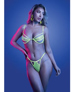 Mind Control UV Reactive Lace and Mesh Underwire Bra & Thong – Neon Green M/L by Glow by Fantasy Lingerie product image
