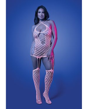 Metamorphic Glow-in-the-Dark Bodystocking Dress; Glows Pink – White QN by Glow by Fantasy Lingerie product image