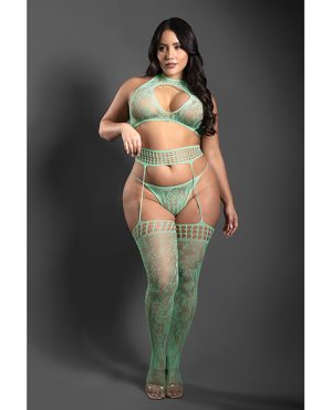 Sheer Heart Of Glass Lace Knit Halter Top w/G-String & Gartered Stockings 3 pc Set – Mint QN by Sheer by Fantasy product image