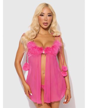 Marilyn Marabou & Mesh Babydoll & G-String Set – Pink 1X/2X by House of Desire product image