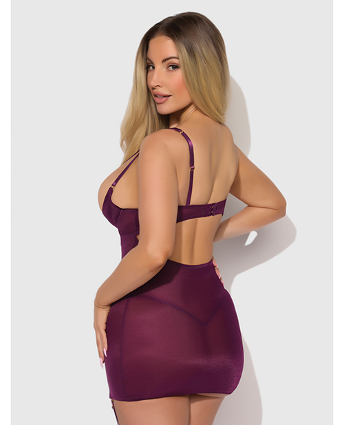 HOD06606-BG-2Xa Yasmine Shimmer Mesh O-Ring Thigh Garter Chemise & G-String Set - Burgundy SM - Burgundy 1X, 2X