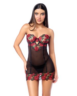 Untamed Floral Embroidered Underwire Babydoll w/Back Lace Up Detail & G-String – Black/Red MD by Mapale product image