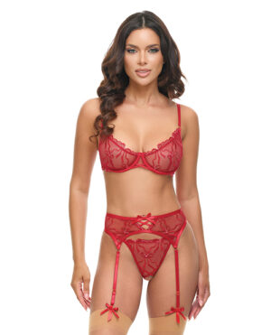 Mariah Embroidered Lace and Mesh Underwire Bra w/Garter & G-String 3 pc Set – Burgundy LG – Burgundy Large by Oh la la Cheri product image