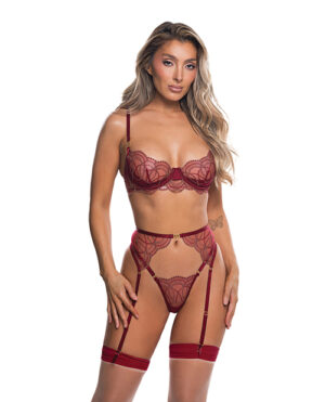 Beaded Belle Metallic Embroidered w/Bead Lace Top, Thong & Garter 3 pc Set – Red LG – Red XL by Roma Confidential product image