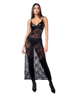 Lace Underwire Long Gown w/Panty & Garter Belt 2 pc Set (Stockings not Included) – Black L/XL by Mapale product image