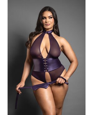 Domina Open Halter Teddy in Mesh & Leatherette w/Matching Blindfold – Purple QN by Domina by Fantasy product image