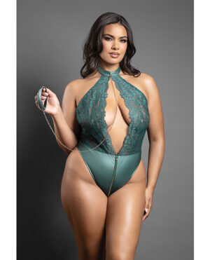 Domina Lace Halter Teddy w/Zipper Detail & Detachable Chain-Link Leash – Green QN by Domina by Fantasy product image