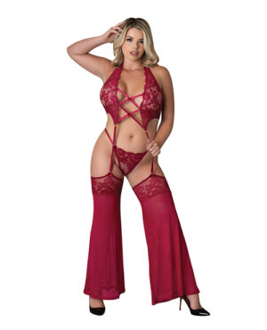 Black Cherry Plunge Top w/Removable Chaps & Cheeky Panty Set – Red QN by Exposed product image