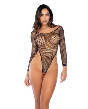Fishnet Long Sleeve High Leg Bodysuit w/Rhinestones – Black O/S by Mapale product image