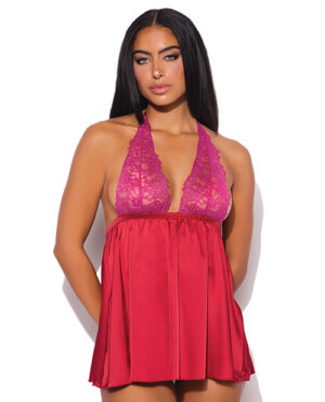 Jocelyn Lace & Satin Halter Mini Babydoll Dress w/Thong – Raspberry MD by House of Desire product image