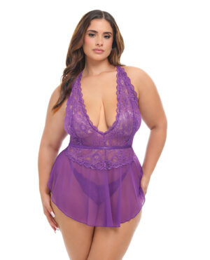 Harmony V-Plunge Lace & Mesh Babydoll w/G-String – Purple 1X/2X by Oh La La Cheri product image