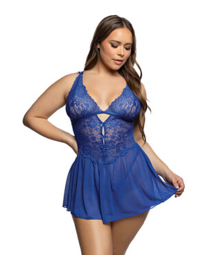 Enchanted Dream Lace & Mesh Baby Doll w/Chantilly Stretch Thong – Cobalt Blue 1X/2X by Roma Confidential product image