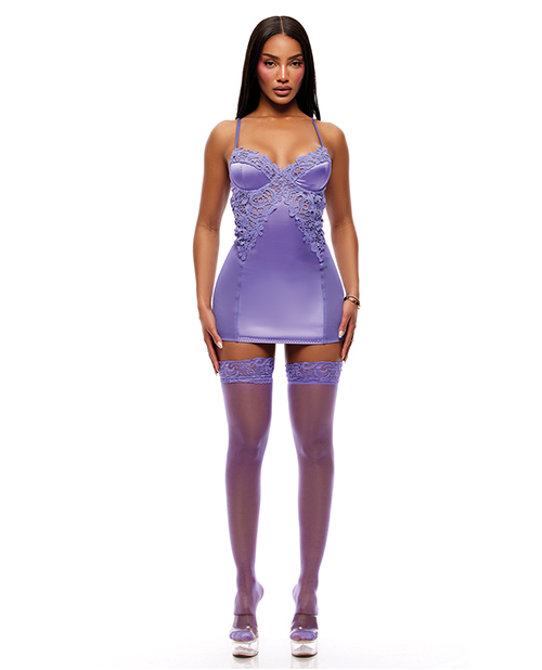 FRPL726144-PR-X0 See It Through Guipure Lace Chemise w/Thong & Stockings – Purple SM – Purple XL by Forplay product image