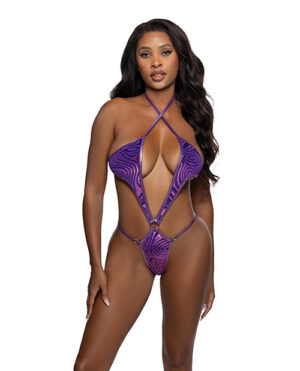 Embossed Velvet Criss-Cross Bodysuit – Purple O/S by Roma Confidential product image
