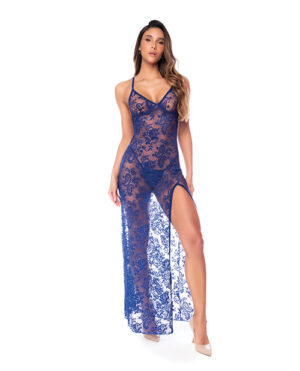 Sheer Lace Maxi Dress w/Adjustable Straps & High Side Slit – Blue Large, XLarge by Mapale product image