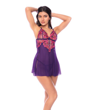 Floral Embroidered Mesh Babydoll w/Thong 2 pc Set – Orchid – Fuchsia Small, Medium by Mapale product image