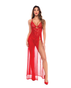 Dotted Lace & Mesh Maxi Dress w/High Side Slit & Thong – Red Small, Medium by Mapale product image