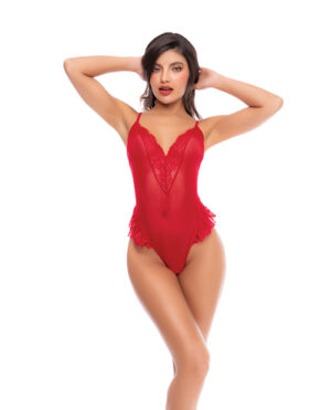 Dotted Lace & Mesh Teddy w/Lace Up Back & Open Crotch – Red Large, XLarge by Mapale product image