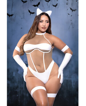 Midnight Purr Sheer Nude Mesh Teddy w/Glove, Armbands, Garters, & Cat Ears – White 3X, 4X by Fantasy Lingerie product image