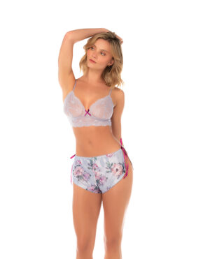 Lace Bralette w/Satin Floral Shorts - Silver Bloom - Grey Large, XLarge