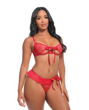 Aubrielle Polka Dot Mesh Underwire Bra w/Thong & Ruffle Details 2 pc Set – Red SM – Red XL by Oh la la Cheri product image